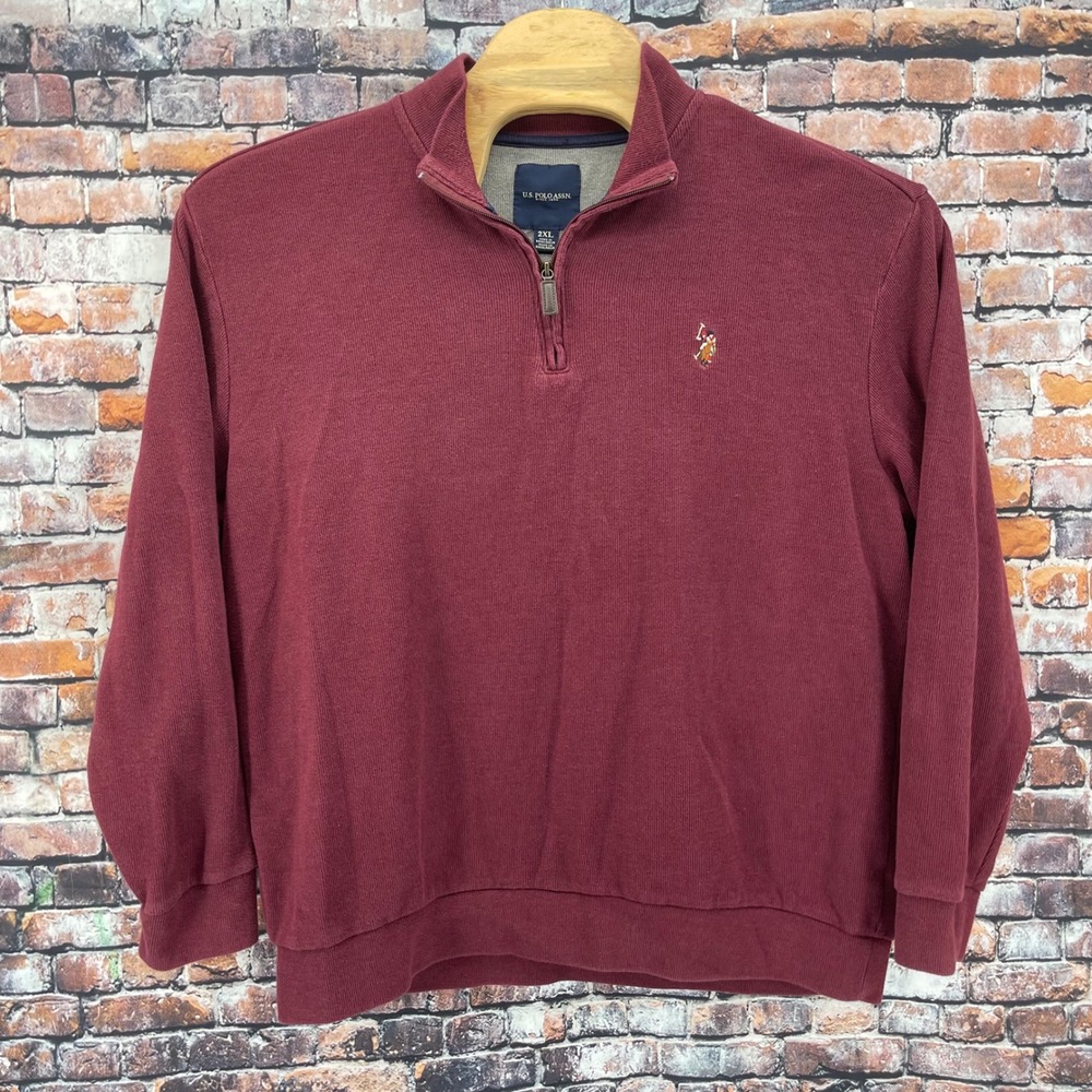 US Polo Assn Quarter Zip Pullover Mens 2XL Burgundy Ribbed Cotton Blend Sweater